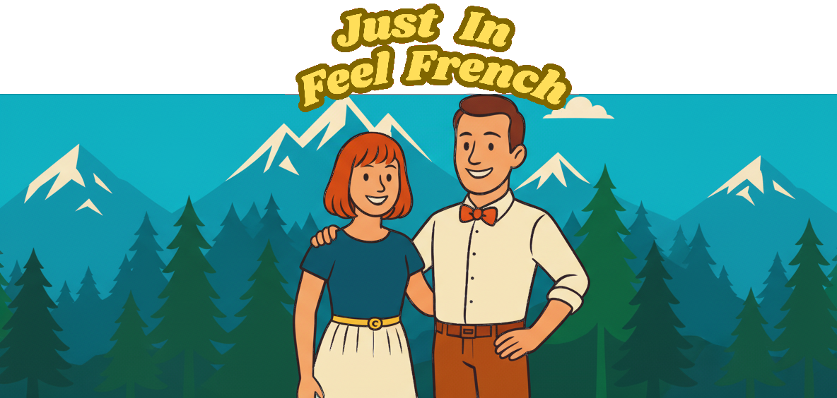 Two people standing side by side in front of a forest and mountains, one with an arm around the other, both dressed in semi-formal clothing with a calm and friendly atmosphere, clear blue sky with a few clouds in the background